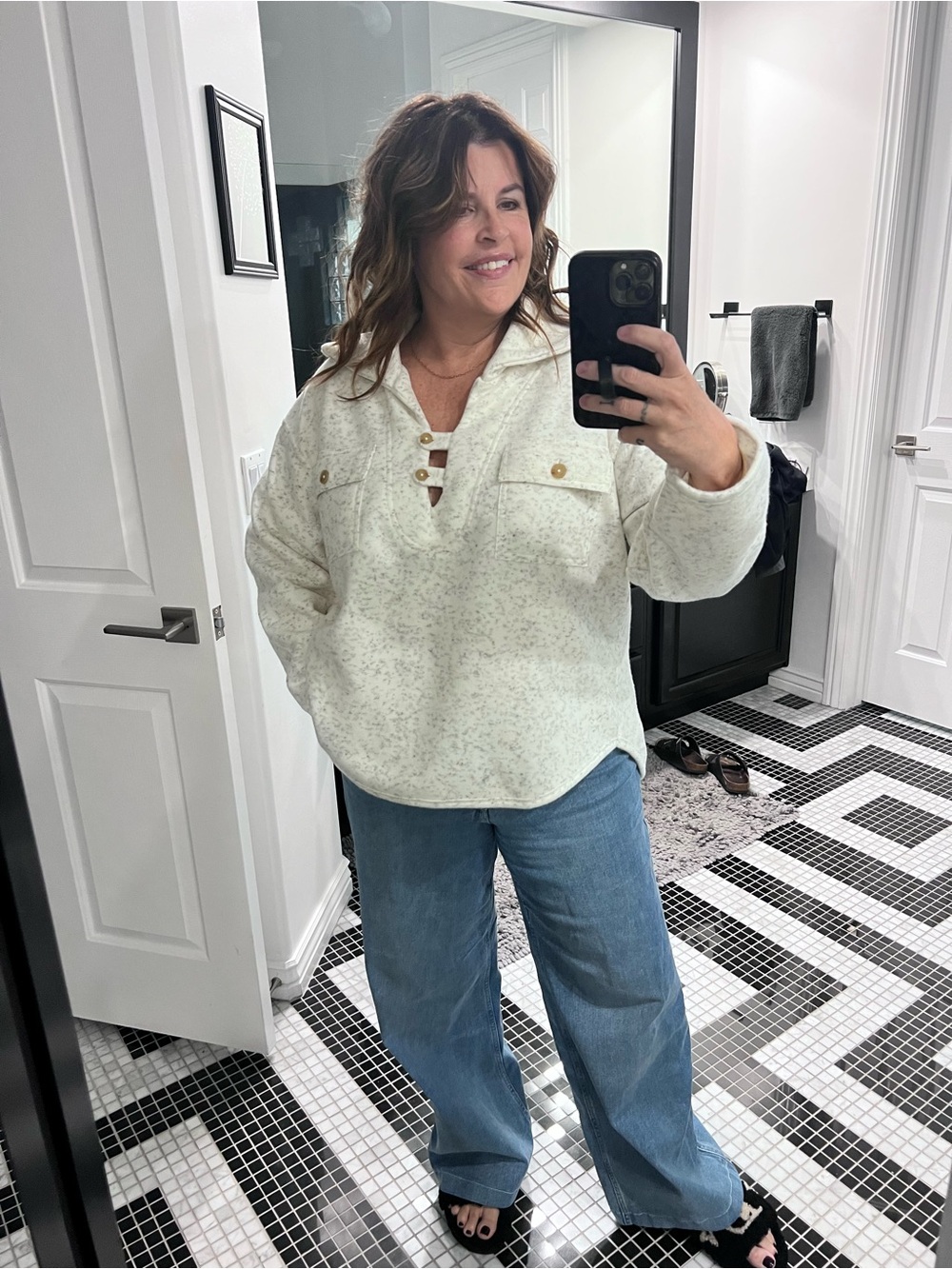 Cozy Heathered Fleece Button-Detail Pullover Top